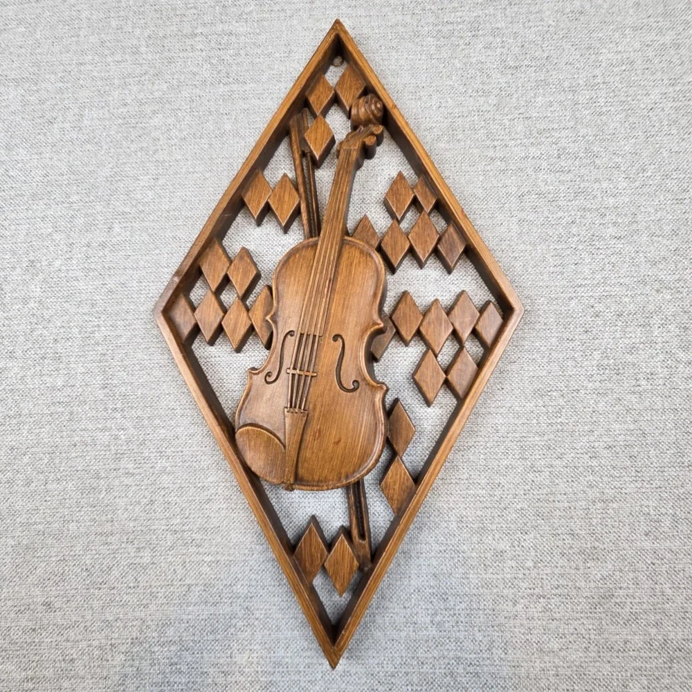 Vintage Set Of 1960s Mid Century Folk Art Musical Wall Plaques Of Violin & Banjo
